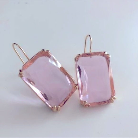 Pink Gemstone Charm Emerald Cut Bohemian Gold tone Earrings - Picture 3 of 5